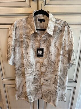 Pronti Men's Marble-Print Short Sleeve Button-Up Shirt in Beige
